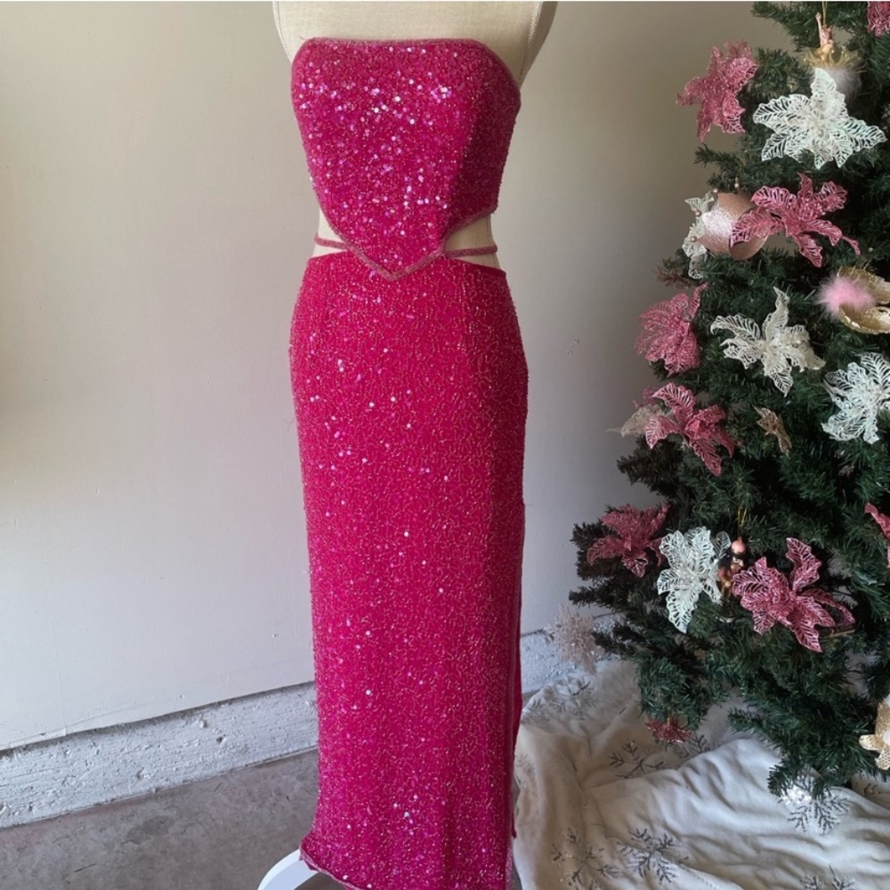 Vintage y2k Pink strapless beaded gown with cutouts